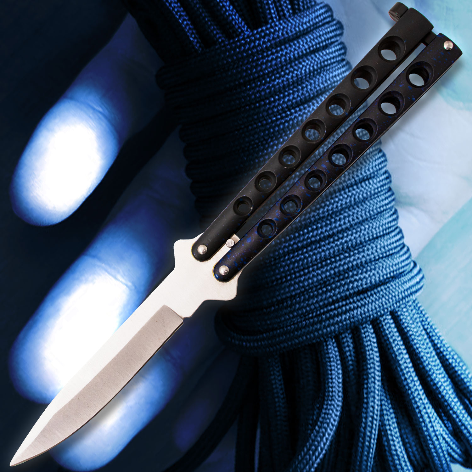 Blue Speed Demon Butterfly Knife - Stainless Steel Blade, Skeletonized Steel HandleQA